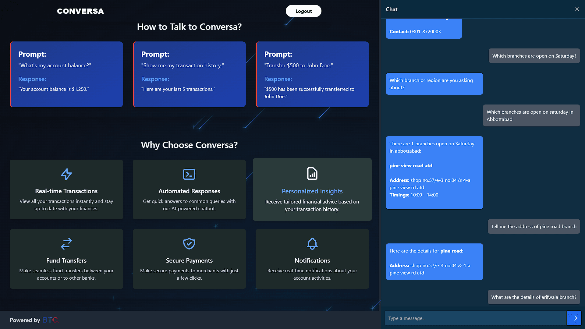 BTC Conversa interface